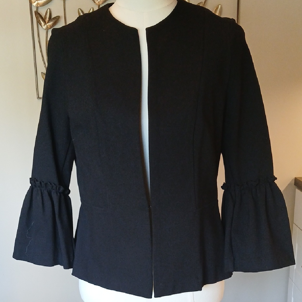 Worthington Black Blazer Flared Sleeves Ponte Fabric Princess Seams Peplum Sz S